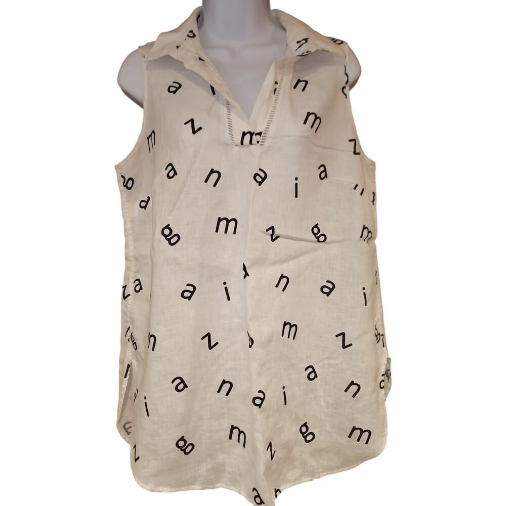 Chico's 100% Linen "Amazing" Letter Sleeveless Top White And‎ Black Sz 0 Small
